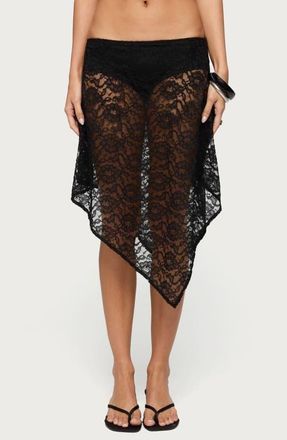 Edikted Handkerchief Hem Low Rise Sheer Lace Skirt in Black at Nordstrom, Size X-Small