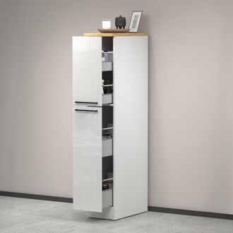 Dmora Despensa De Cocina Quintino, Mueble Multiusos, Mueble De Almacenaje Con 2 Cajones, 100% Made In Italy, 30x60h165 Cm, Blanco Brillo Y Roble, Con Embala
