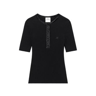 Courr&egrave;ges Vinyl-trim Ribbed-knit T-shirt