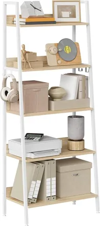 Woltu Woltu Estanter&iacute;a De 5 Niveles / Estanter&iacute;a Tipo Escalera Con Estructura Met&aacute;lica (madera/mdf) Para Sal&oacute;n, Cocina Y Oficina - Roble Claro + Blanco