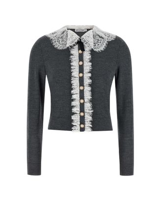Self Portrait Grey Lace Collar Wool Cardigan