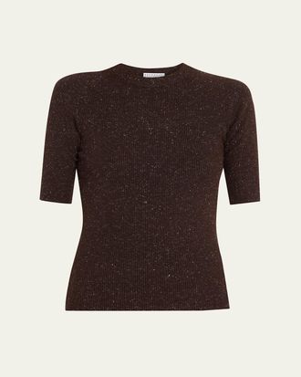 Brunello Cucinelli Metallic Rib Short-Sleeve Crewneck Sweater