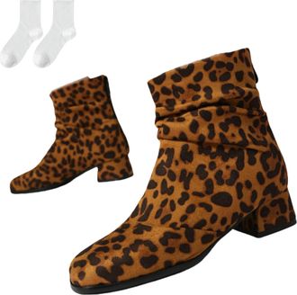 Generic Womens Ankle Boots with A Low Block Heel, Fashionable Short Boots in A Leopard-Print Suede Look with A Pleated Design, Comfortable Ankle Boots for Eve