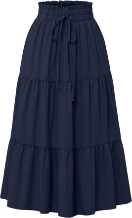 Generic Summer Skirts for Women UK Tiered Skirt Elasticated Waist Maxi Midi Long Skirts Solid Color Boho A Line Skirt Drawstring Waist Ruffled Flowy Swing Sun