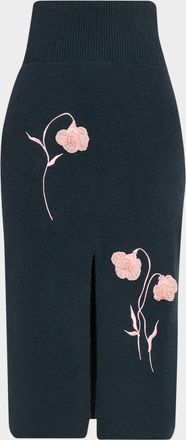 Erdem Embroidered Wool Knit Midi Pencil Skirt