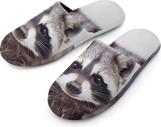 Generic Raccoon Headshot Portrait Warm Mens Slippers Slip On Soft Fleece House Shoes Winter Indoor Outdoor
