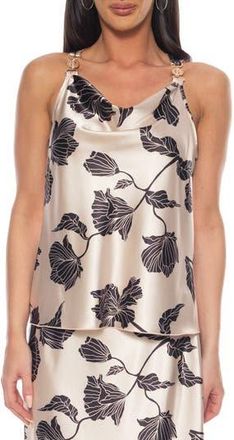 Tash And Sophie Floral Chain Strap Satin Top in Champagne Black at Nordstrom Rack, Size Medium
