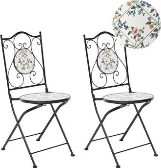 Beliani Conjunto 2 Sillas De Jard&iacute;n De Metal Estilo Hierro Forjado Plegables Con Azulejos De Mosaico Cer&aacute;mico Blanco Roto Collio
