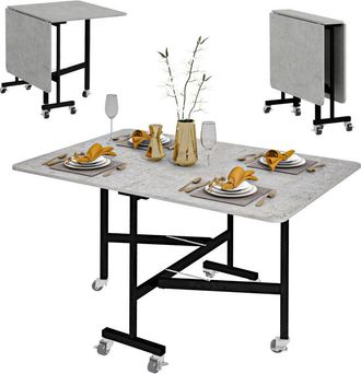 HOMCOM Drop Leaf Table, Folding Dining Table with Metal Frame, Rolling Kitchen Dining Table for Small Spaces, 120cm Grey - Homcom