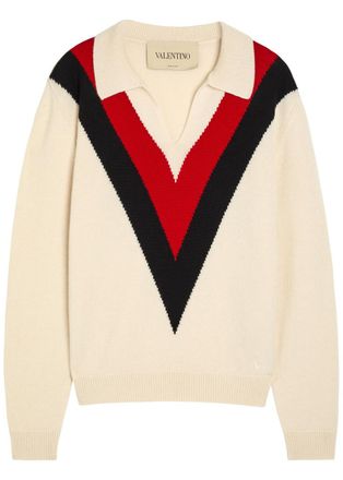 Valentino Logo-intarsia Cashmere Polo Jumper - Cream - XL