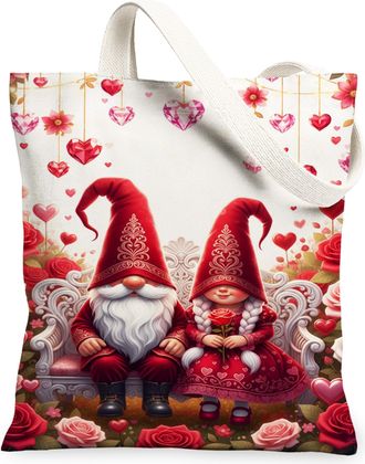 Generic ValentineS Day Gnome Canvas Tote Bags, Romantic Hearts Floral Pattern Reusable Grocery Bags, Lightweight Washable Shoulder, Red, 13x15 Inch