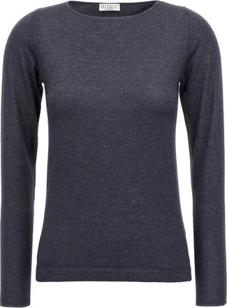 Brunello Cucinelli Truien & Vesten, Dames, Blauw, L, Leer, Cashmere en Zijde Sprankelende Trui