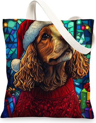 Generic Christmas American Cocker Spaniel Dog Canvas Tote Bag for Shopping 13x15, Stained Glass Winter Puppy Reusable Grocery Print Pattern Bag for Women, Fun