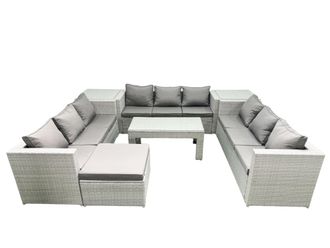 Fimous Rattan Garden Outdoor Furniture Set 10 Seater Garden Sofa Oblong Coffee Table Set with Big Footstool 2 Side Tables Light Grey Mixed