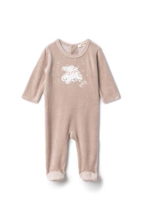 Fragile Boy Sheep Print Velour Romper in Beige at Nordstrom, Size 3M