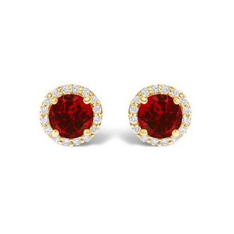 House of Brilliance 10K Gold Gemstone and 1/6 Cttw Diamond Halo Stud Earring in Yellow | Red Garnet at Nordstrom