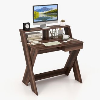 Costway Costway - Mesa De Ordenador Con Caj&oacute;n, Mesa Escritorio Con Elevador De Pantalla, Reposapi&eacute;s Y Patas En Forma De X, Mesa De Estudio Para Espacios Peque