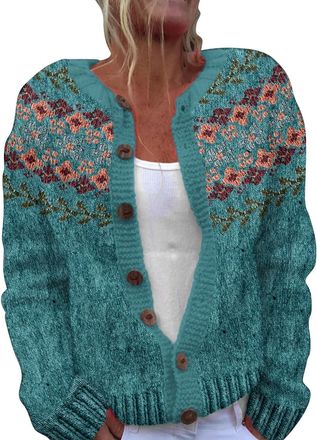 Generic Women Wool Cardigan Jumpers Fair Isle Classic Multicoloured Warm Buttoned Sweater Coat Vintage Jumpers Jackets Ladies Plus Size Casual Going Out Outer