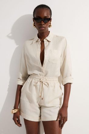 Karen Millen Womens Viscose Linen Woven Long Sleeve Shirt - Beige - Size 10 UK