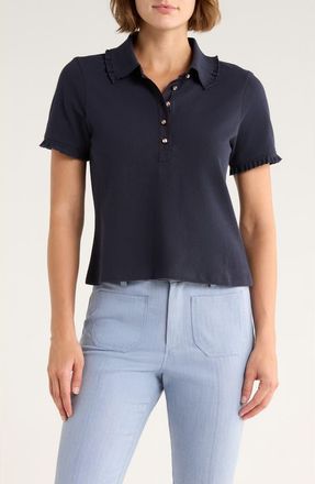 Cinq &agrave; Sept Aster Crystal Button Cotton Polo Shirt in Navy at Nordstrom Rack, Size Large