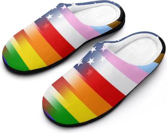 Generic U.S.A. LGBTQ Transgender Flag Slippers Men Winter Warm Cotton Anti-Slip Indoor Slip-Ons House Shoes