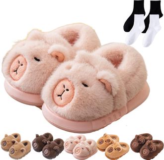 Generic Capybara Slippers, Cute Plush Cartoon Slippers, Winter Warm with Non-slip Thick Sole (Pink-A, One Size, Adult, Women, 8, Numeric Range, UK Footwear Si