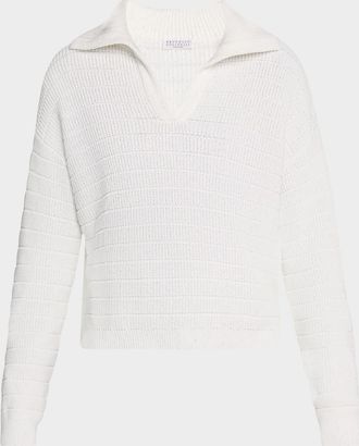Brunello Cucinelli Johnny Collar Cotton English Ribbed Sweater