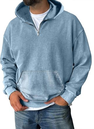 Generic Quarter Zip Pullover Sweatshirts for Men Acid Washed Hoodies Casual Long Sleeve Hoody Tops Fall Winter Distressed Hooded Sweatshirts Blue