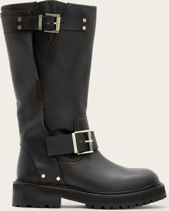 AllSaints Womens Cow Leather Tay Calf Length Leather Biker Boots, Size: 6