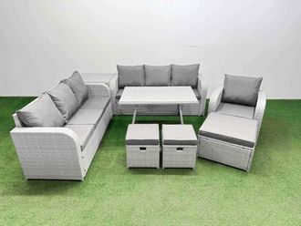 Fimous 8 Pieces Outdoor PE Rattan Garden Furniture with Side Table 3 Stool in Light Grey