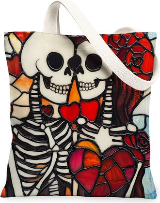 Generic Stained Glass Valentines Day Canvas Tote Bag for Shopping 13x15, Romantic Skeleton Skull Couple Reusable Grocery Print Pattern Bag for Women, Lover Be