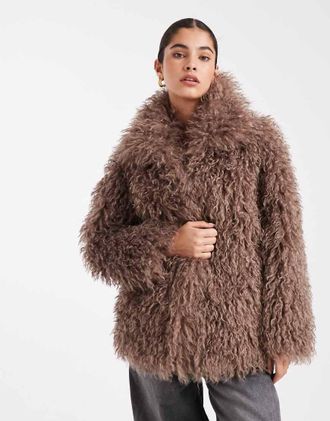 South Beach Giacca stile mongolo in pelliccia sintetica marrone