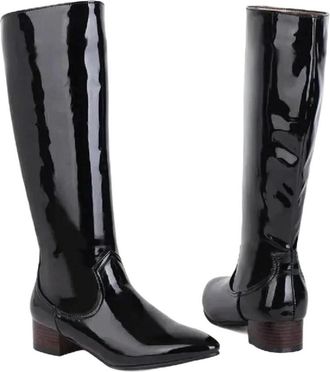 Generic Women Elegant Casual Patent Leather Boots Round Toe Warm Lined Long Winter Party Boot