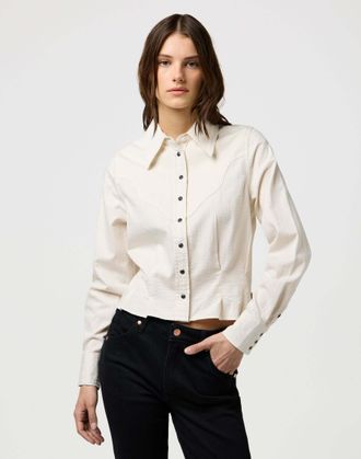 Wrangler Langarmbluse WRANGLER WRANGLER Langarmhemd Femme Peplum Shirt, Damen, Gr. XS, weiss (wei&szlig;), Obermaterial: 100% Baumwolle CO., Blusen Langarmbluse