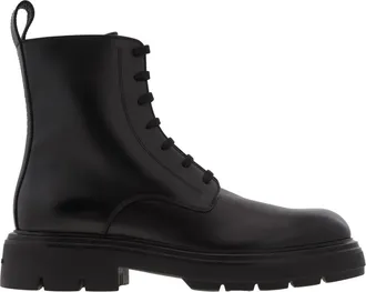Ferragamo Black Leather Combat Boots, Size 9 E