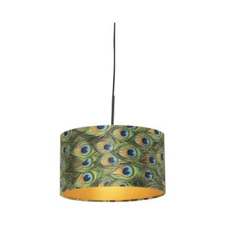QAZQA Qazqa - Pendant Light with Velvet Shade Peacock with Gold 35 cm - Combi