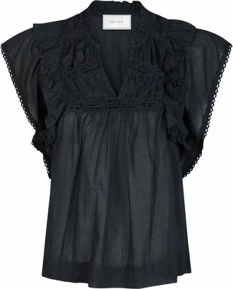 Neo Noir Navy Voile Blouse met Ruchedetails - Dames - Blouses - Blauw - M - Katoen - Overhemden