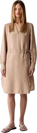 Marc O'Polo Linnen Jurk met V-hals- Lange Mouwen en Tailleband - Dames - Korte kleedjes - Beige - M - Linnen - Kleedjes