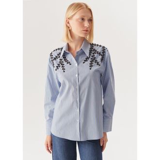 Exquise Kendall Beaded Long Sleeve Shirt in Blue And White at Nordstrom, Size X-Large