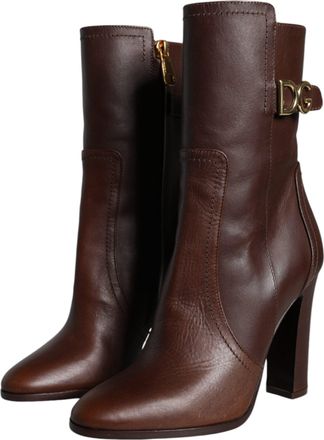 Dolce & Gabbana Womens Brown Leather Heels Mid Calf Boots Shoes