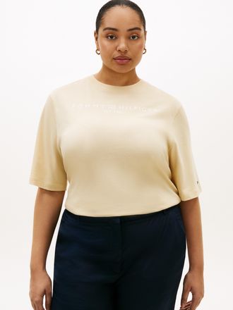 Tommy Hilfiger T-Shirt TOMMY HILFIGER CURVE CRV CORP LOGO TRAPEZE C-NK TEE, Damen, Gr. 48, country ivory, Single Jersey, Obermaterial: 100% Baumwolle, bedruckt, regu