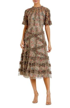 Mac Duggal Floral Flutter Sleeve Mesh Print Dress in Beige Multi at Nordstrom, Size 10