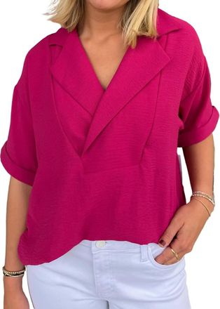 Tribal Lapel Collar V-Neck Short Sleeve Shirt In Bright Gardenia