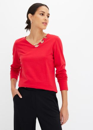 Bonprix Langarmshirt BONPRIX, Damen, Gr. 56/58 (XXXL), rot, Jersey, Obermaterial: 95% Baumwolle, 5% Elasthan, unifarben, bequem h&uuml;ftbedeckend, V-Ausschnitt, S