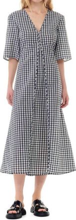 Ganni Seersucker Check V-Neck Long Dress In Egret
