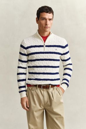 GANT Men Striped Cotton Cable Knit Half-Zip Sweater (XXXL) CREAM
