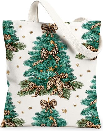 Generic Christmas Tree Canvas Tote Bags, Elegant Pine Design Reusable Grocery Bags, Vintage Holiday Lightweight Washable Shoulder S, Green, 13x15 Inch