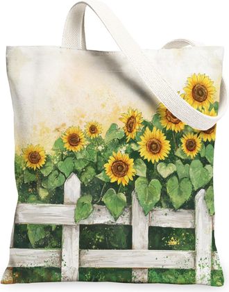 Generic Spring Sunflower Fence Flower Canvas Tote Bag for Shopping 13x15, Farmhouse Cute Floral Reusable Grocery Print Pattern Bag for Women Men, Fun Country 