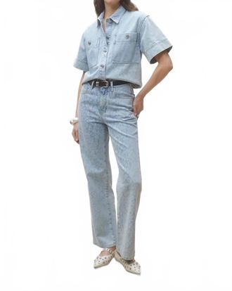 Suncoo Ladji Leopard Print Denim Blouse In Jeans Clair