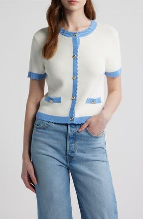 French Connection Bennet Short Sleeve Rib Cardigan in Summer White-Blue Hy at Nordstrom, Size X-Small